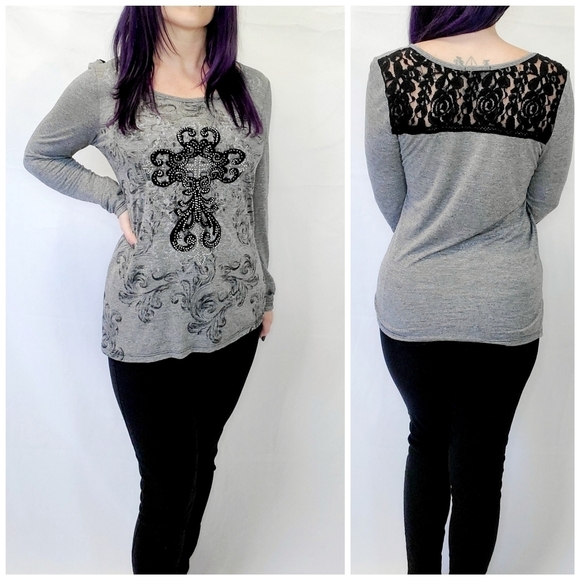 Maurices Tops - Maurices Graphic Print Long Sleeve Lace Back Top